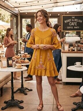 Free People Pavlo 100% Cotton Embroidered Mustard Mini Dress New Small